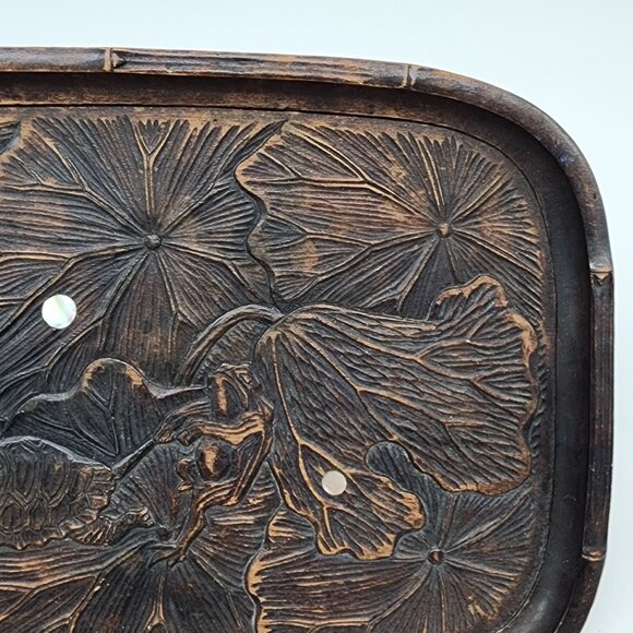 Chinese Carved Wooden Tray Lotus Leaves Frog Pulling Turtle Leg VTG Inlay - Picture 3 of 9